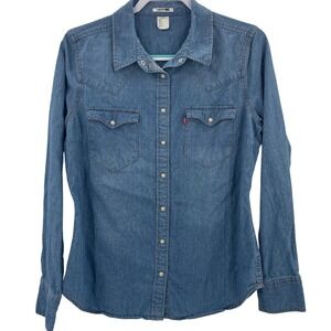 Levis Western Denim Shirt Womens L Blue Snap Button Down 100% Cotton RN139333